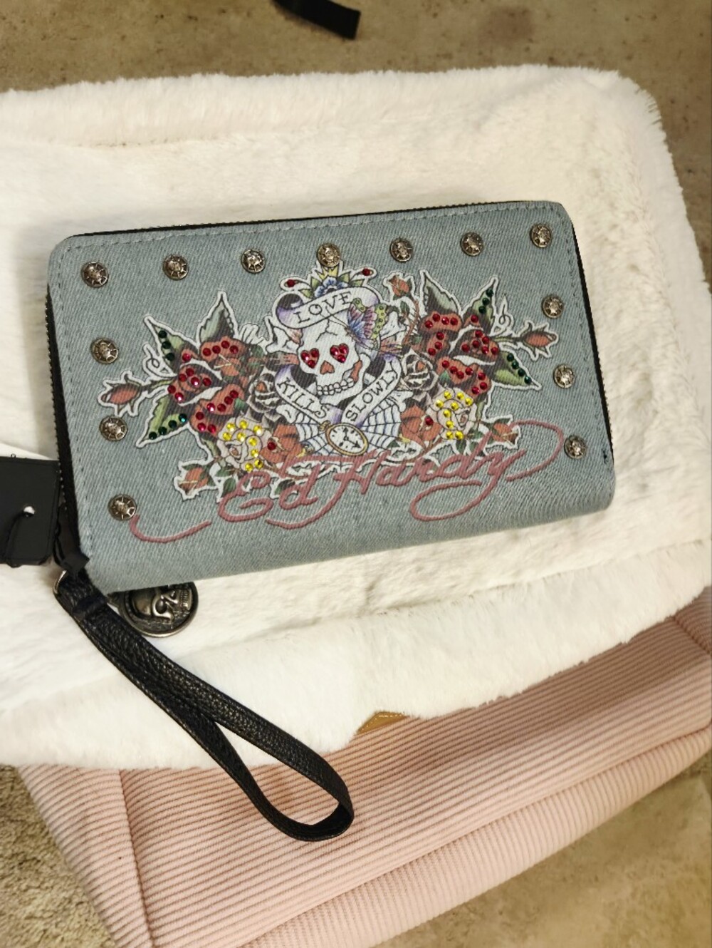 Ed Hardy Light Blue Embroidered Skull Wristlet Wallet